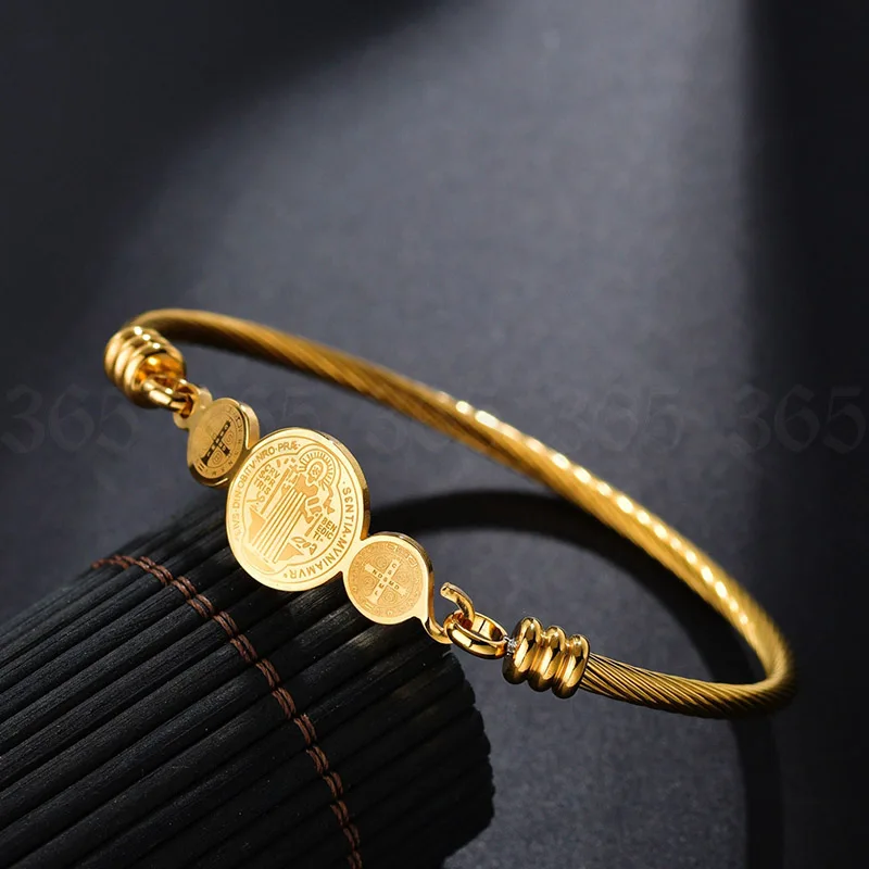 gold color Религиозный католический Сан Бенито четки браслет для женщин из нержавеющей стали Открытый манжета браслет христианские ювелирные изделия подарок - Окраска металла: gold color