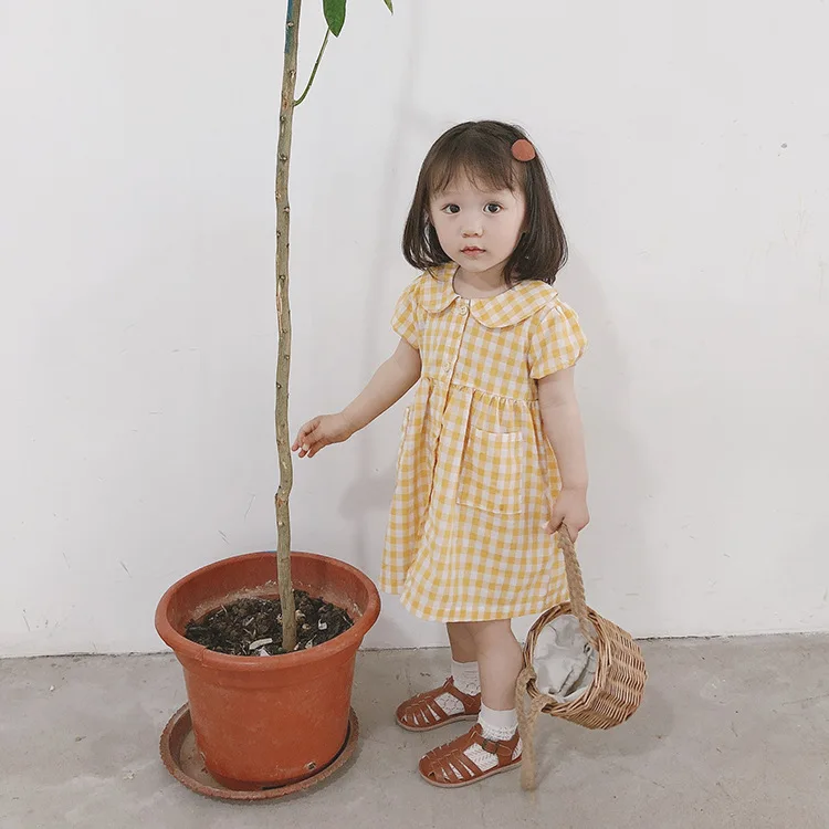 Summer 2018 Korean style baby girls fashion plaid dresses 1-4 years all-match doll collar short sleeve dress | Детская одежда и