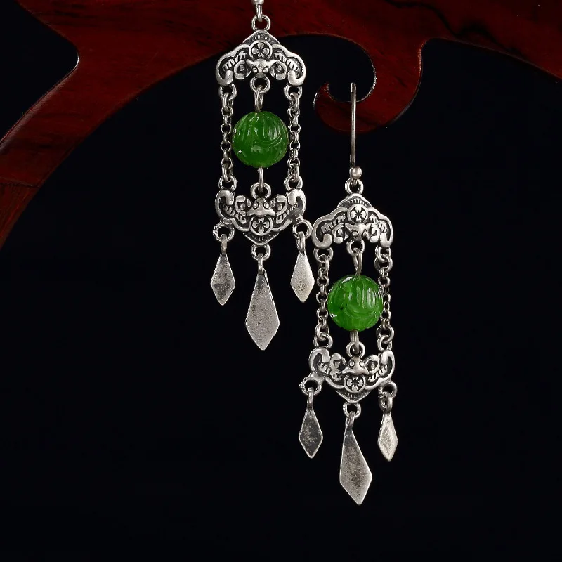 2018 New silver S925 pure antique mosaic and jade lotus flower plum blossom in front of Lady earrings earrings. | Украшения и
