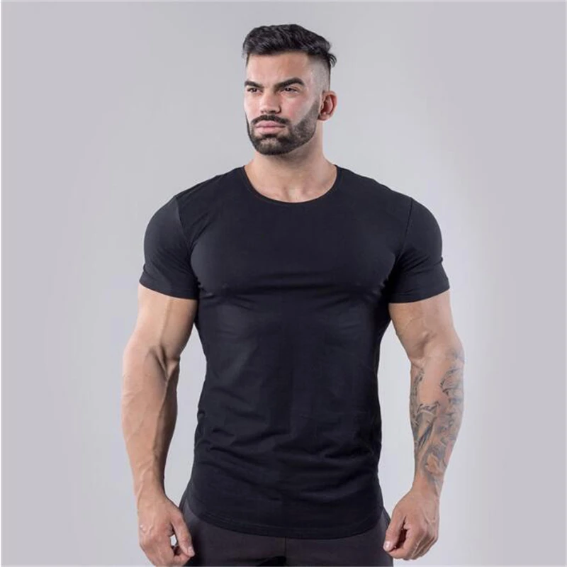 Muscleguys Brand Men's Fitness Short Sleeve T-shirts Cotton Gyms T shirt Plain Arc hem Breathable Stretch Slim fit Tee shirts