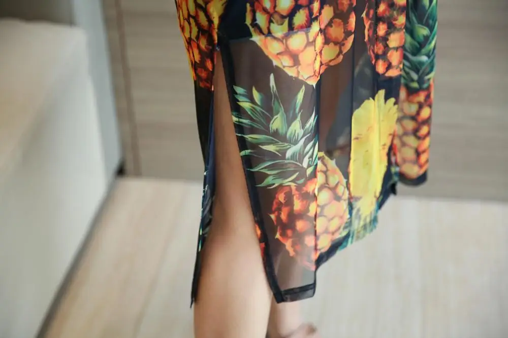 MINSUNDA Плюс Размер Повседневная ребристая отделка Ананас печатных сетки кимоно