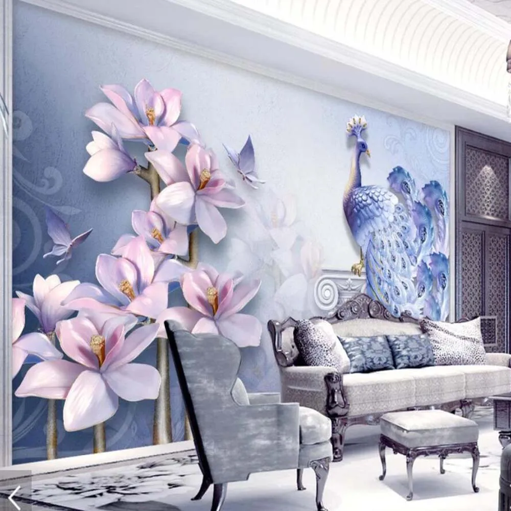 

3D Embossed Peacock Flower Wallpaper Mural Murals Decals for Living Room Bedroom Hand Painting Photo Floral Wallpapers Custom