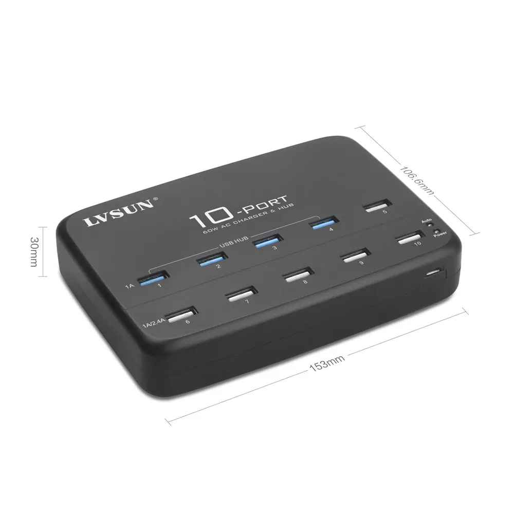 LVSUN высокоскоростное настольное USB Сетевое зарядное устройство 60 Вт с 10 портами