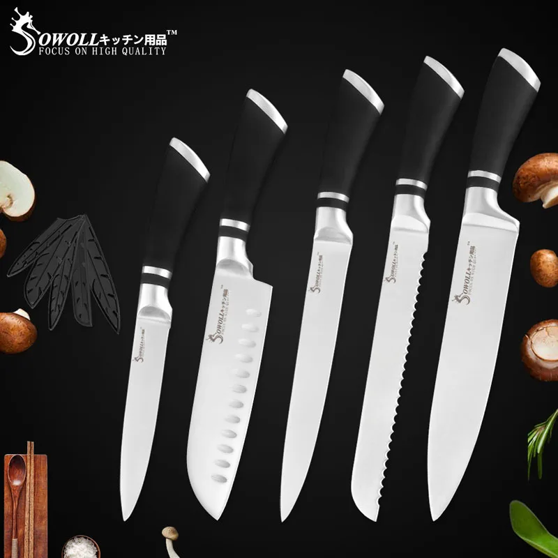 5 Pcs Knives Set A Набор кухонных ножей Sowoll, 6 шт., хорошее качество, экономичный набор ножей из нержавеющей стали, нож для нарезки хлеба, нож для фруктов Santoku - Цвет: 5 Pcs Knives Set A