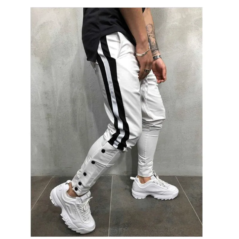 White and black Мужские повседневные обтягивающие спортивные брюки для спортзала, спортивный костюм, обтягивающие штаны для бега, спортивные штаны с пуговицами, штаны-шаровары - Цвет: White and black