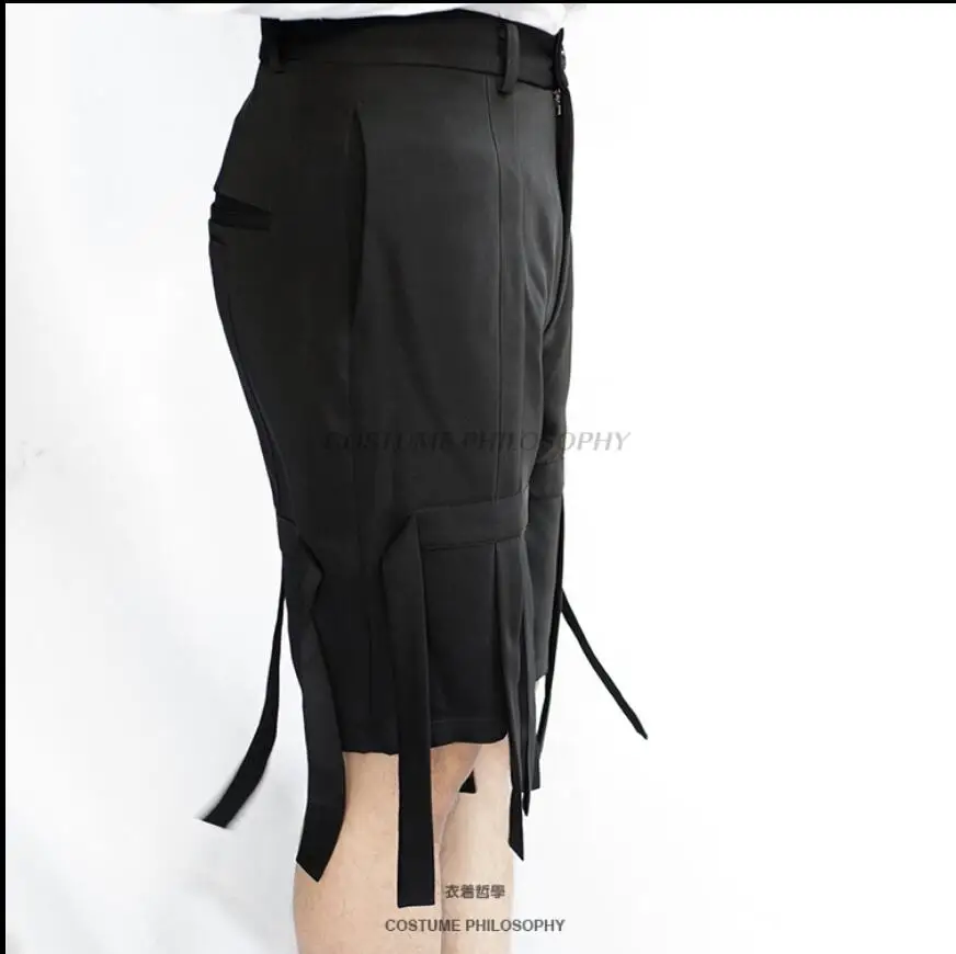 27-46 New Plus Size Clothing 2018 Summer Black Casual Shorts Men Loose Ribbon Knee Length Cool Tide Stage Singer Costumes | Мужская