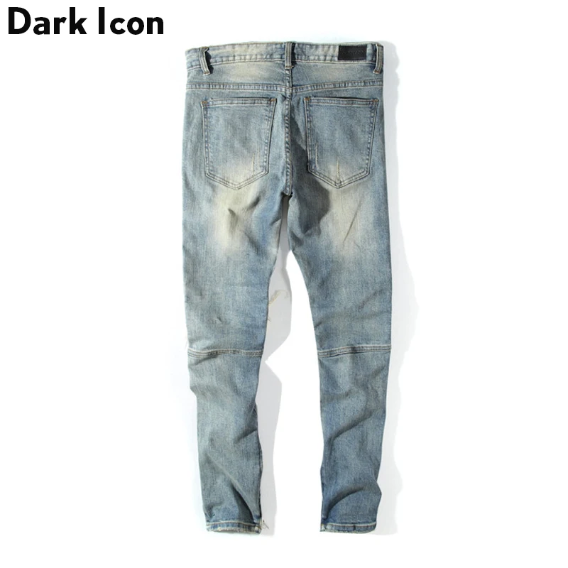 Dark Icon Pleated Knee Regular Hip Hop Jeans Men 2019 High Street Motorcycle Ankle Length Men's Jeans Denim Pants Full Length