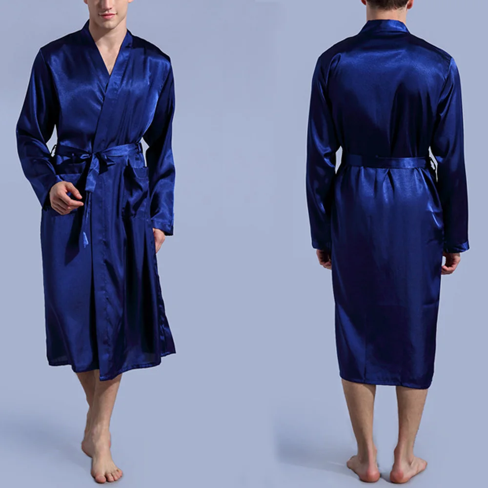 Фото Новинка 2019 мужские мягкие атласное шелковое ночное белье халат кимоно hombre Пижама