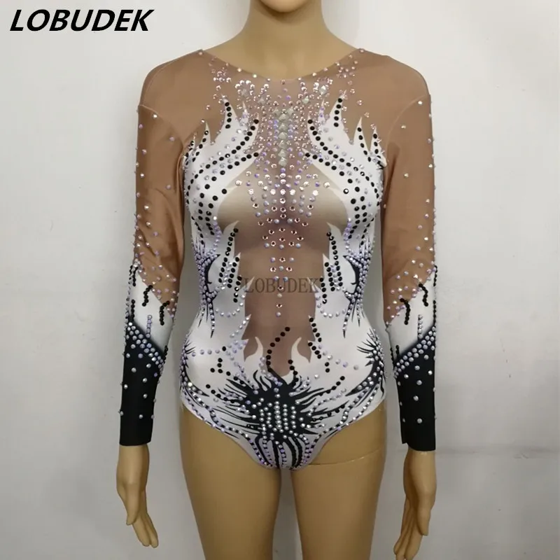 Sparkly Crystals Printing Long Sleeve Bodysuit Sexy Nightclub DJ Women Singer Dance Costume Gymnastic Match Performance Costume