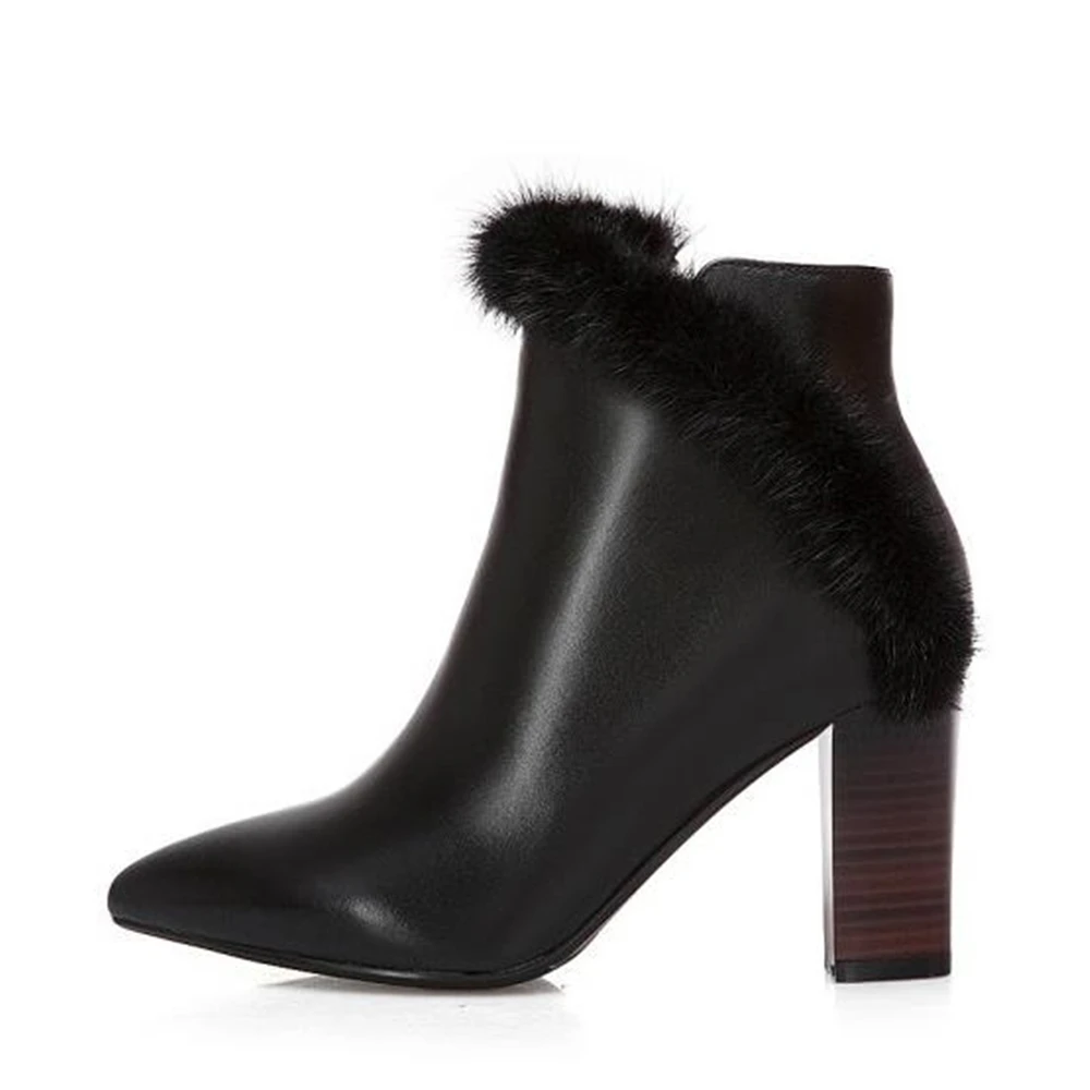 Women's leather boots high-heeled solid-colored mink hair-coat cow new fashion leather-raising shoes in autumn | Обувь