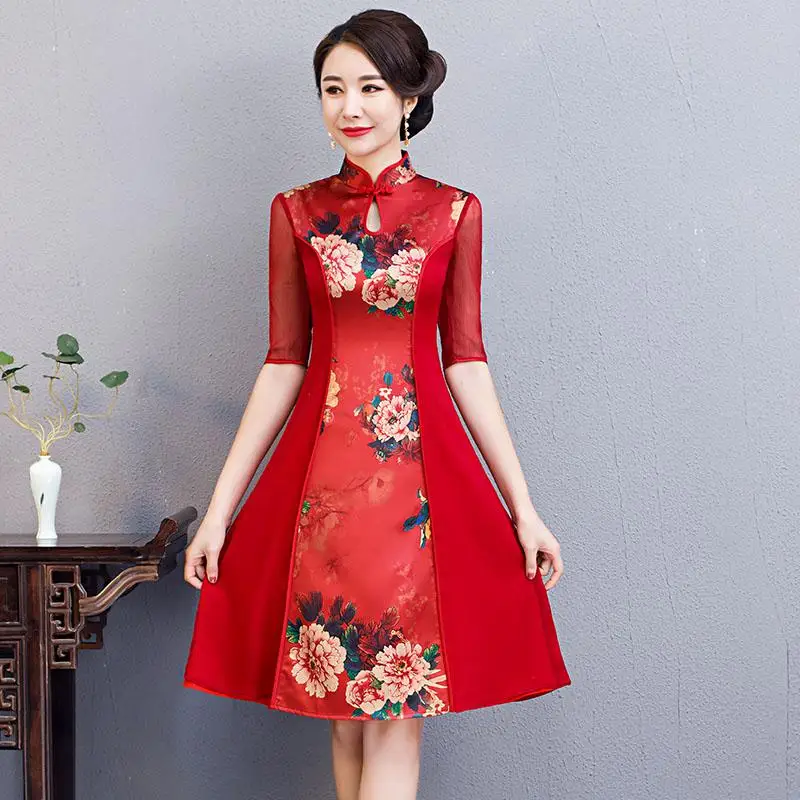 Пикантные короткие Cheongsam Лето г. Винтаж китайский стиль платье Модные женские Мини Qipao Тонкий Вечерние платья с пуговицами Vestido S-3XL - Цвет: Красный