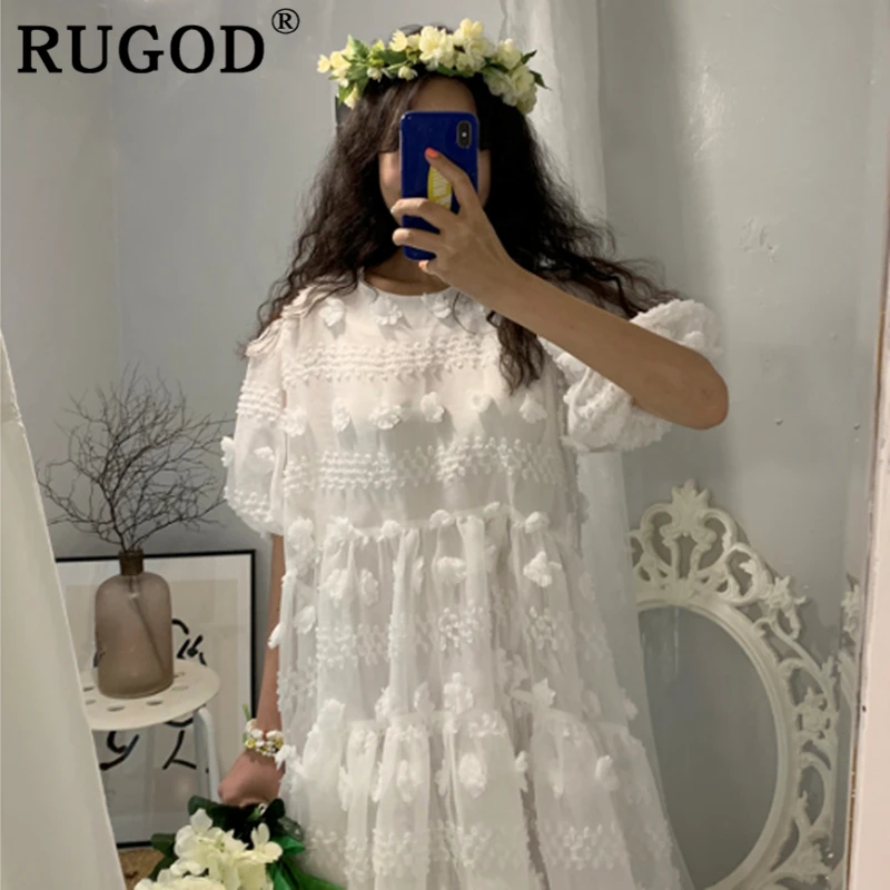 Женское шифоновое платье RUGOD белое Свободное с рукавами-фонариками в Корейском