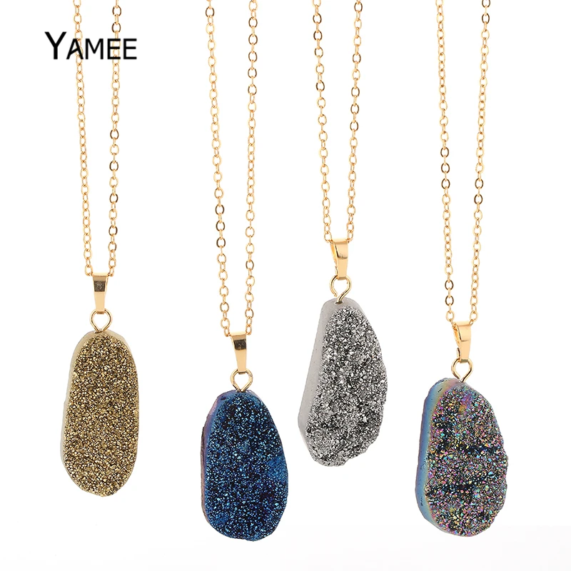 Yamee Irregular Crystal Pendant Necklaces big Druzy Natural Stone Gold Plating Chain Long For Women | Украшения и аксессуары