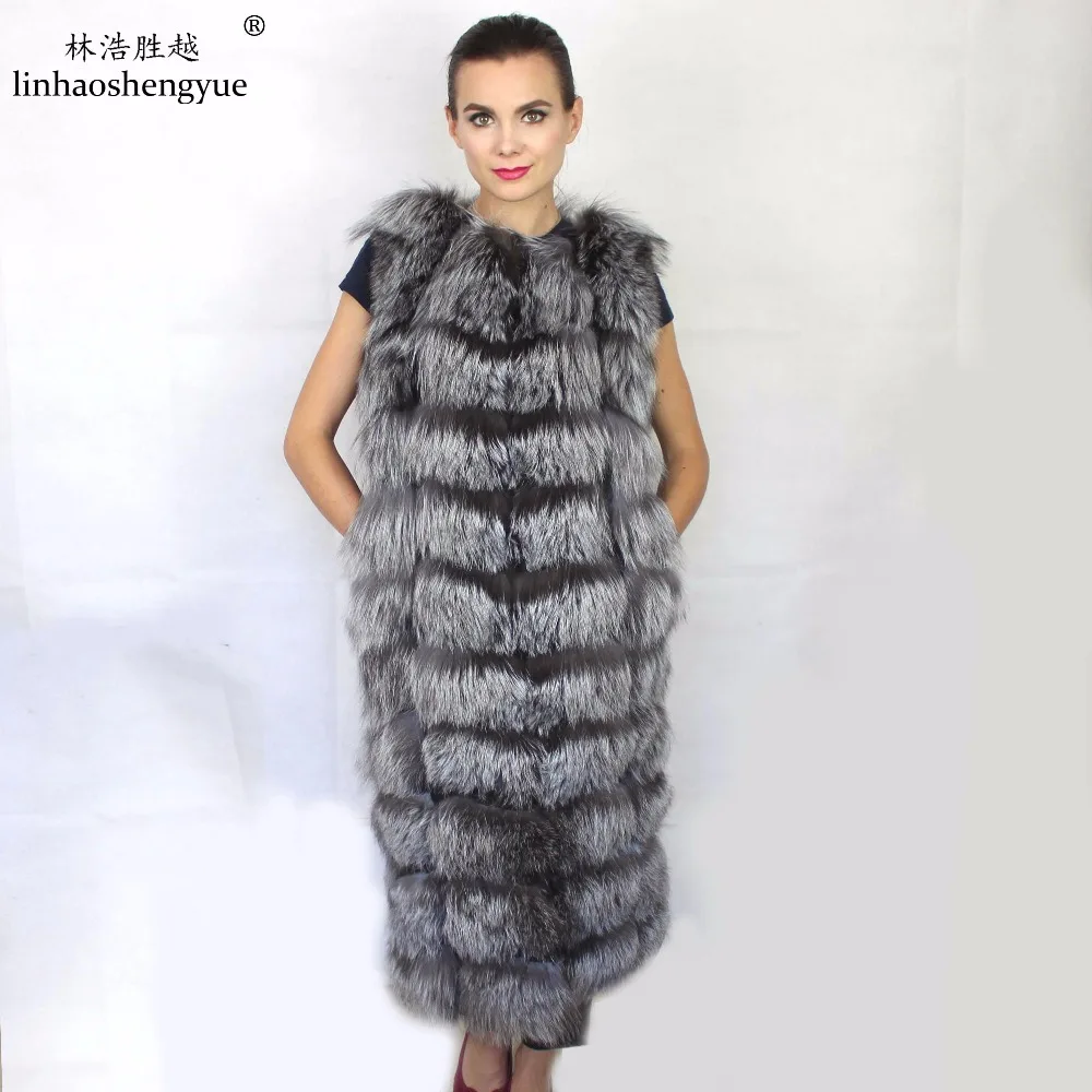 

Linhaoshengyue 110CM Length Silver Fox Fur Vest with Block Women Long Silver Fox Fur Vest