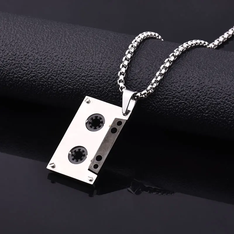 Stainless Steel Men audio tape shape pendant necklaces fashion 60cm long link chain vintage necklace men jewelry gift | Украшения и