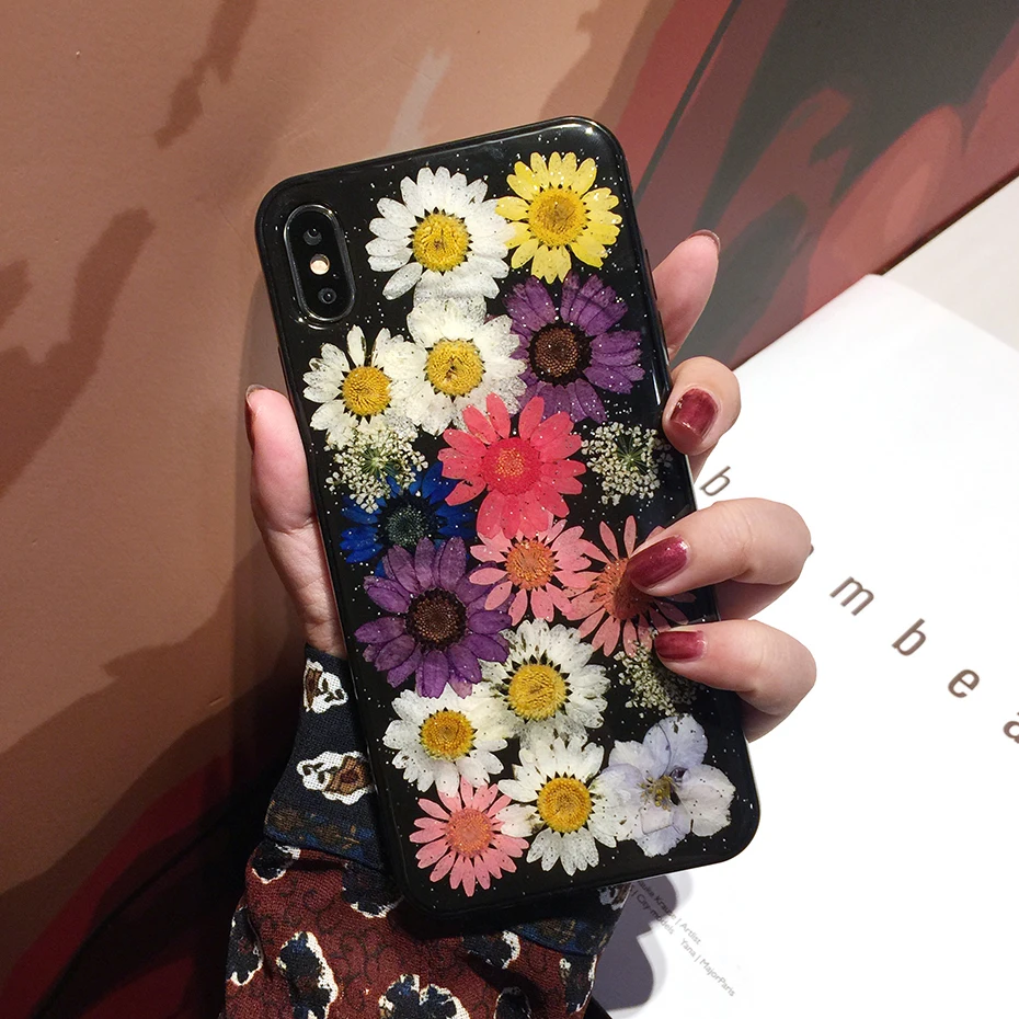 DIY блестящие ручной работы настоящие сухие цветы Чехлы для iPhone 6 6s 7 8 plus X XS XR Max