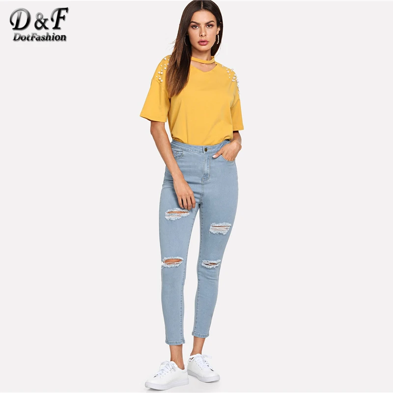 Dotfashion, синие женские укороченные джинсы с рваной деталью,, весна-осень, повседневные штаны с высокой талией, рваные джинсы для женщин, джинсовые брюки