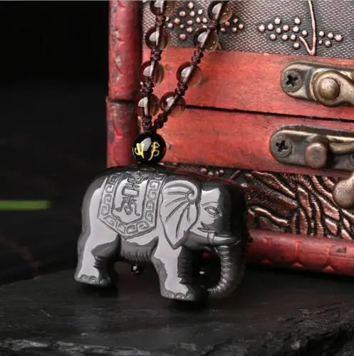 Koraba Fine Jewelry Natural Color Obsidian Hand Carved Lucky Elephant Pendant +Bead Necklace Free Shipping | Украшения и