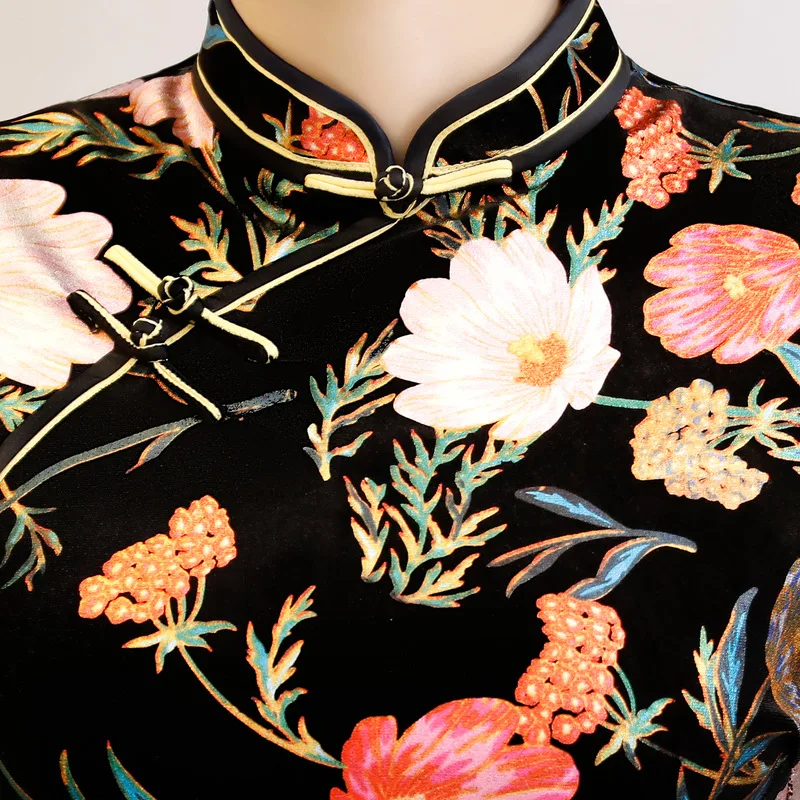 

2019 Spring Long Cheongsam Novelty Chinese style AO Dai Dress Womens Velour Qipao Slim Party Dresses Lady Button Vestido S-3XL