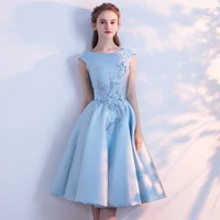 banquet evening dresses 2019 new blue mid long student birthday party dresses appliques flower prom dress