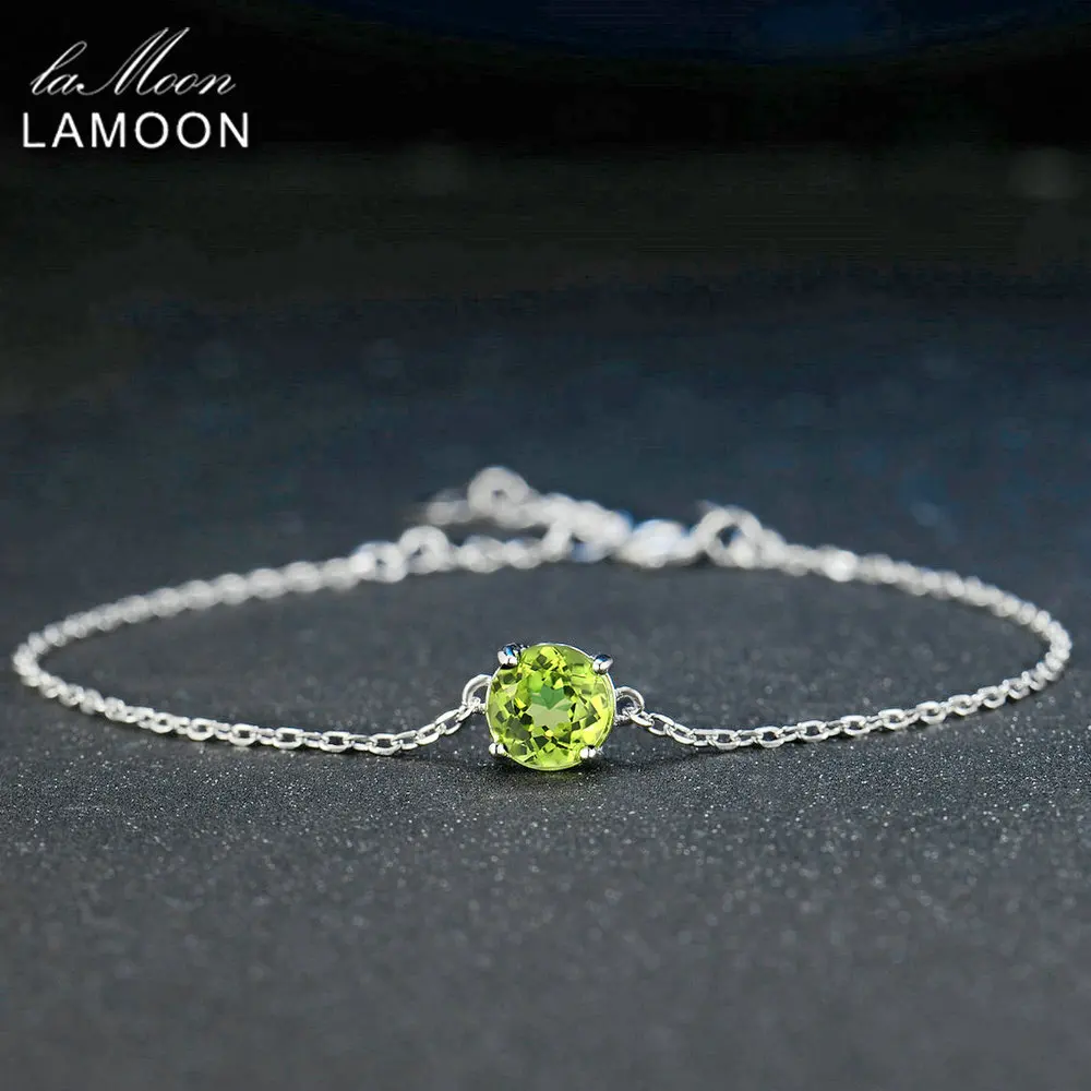 Lamoon 7mm Natural Round Cut Peridot 925 Sterling Silver Jewelry  Chain Charm Bracelet S925 LMHI039