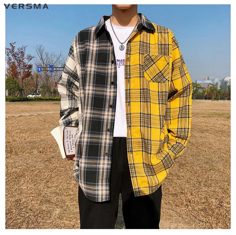 VERSMA, Корейская рубашка в стиле Харадзюку, BF SUGA, Лоскутная, клетчатая, мужская, осенняя, уличная, хип-хоп, негабаритная рубашка, мужская, 5XL, Прямая поставка