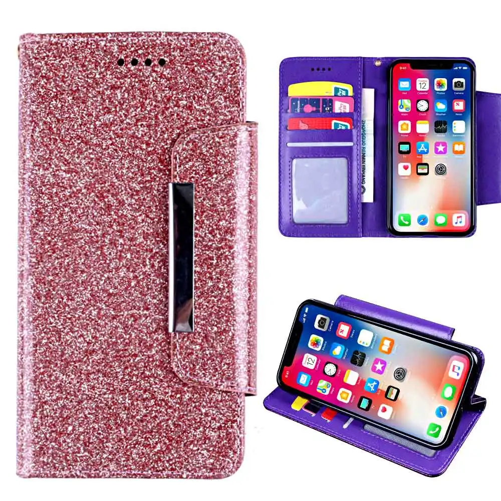 

AFor UMIDIGI F1 Wallet Case Glitter Shining Diamond Glossy Phone Cover with Card Pocket Kickstand Rhinestone Case with Lanyard