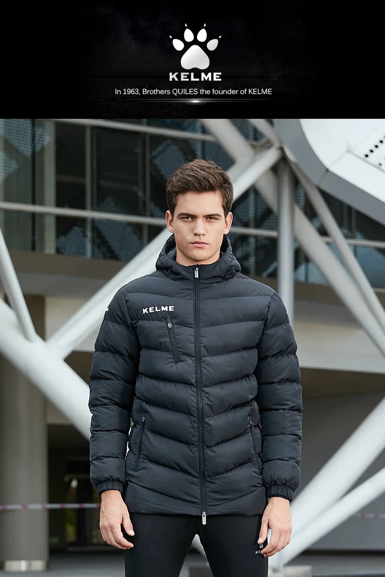 KELME Мужская Детская футбольная тренировочная куртка с капюшоном, зимнее теплое пальто, тренировочная спортивная куртка для бега K15P010