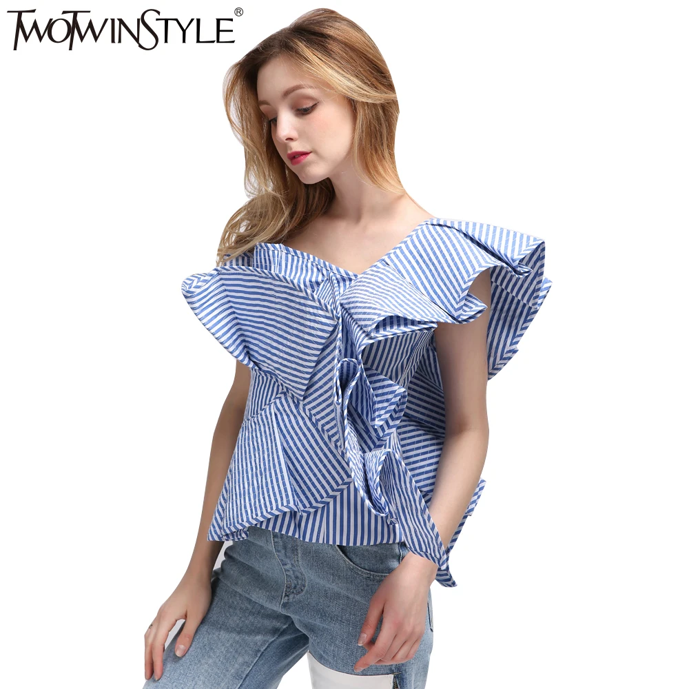 [Twotwinstyle] пикантные с открытыми плечами полосатая блуза рубашка Лето 2017 г. рюшами