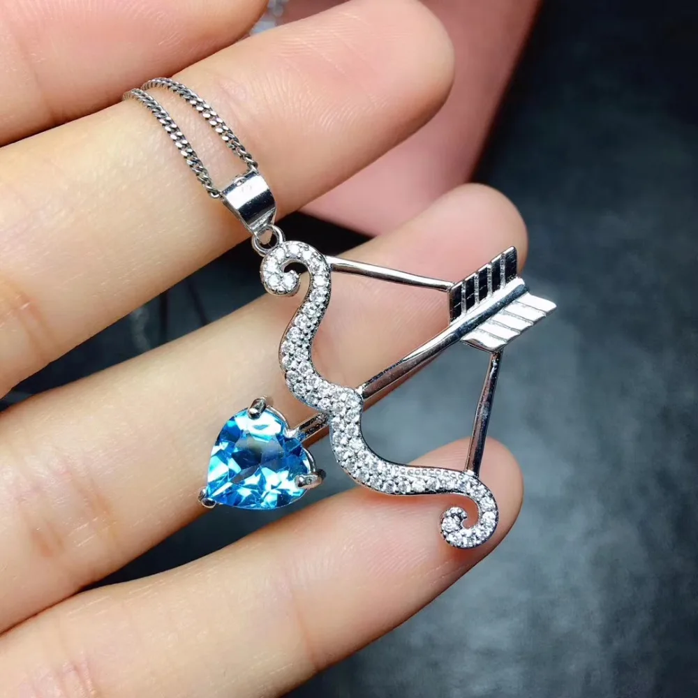 

Natural blue topaz gem pendant S925 silver Natural gemstone Pendant Necklace Romantic heart Cupid's arrow women party jewelry