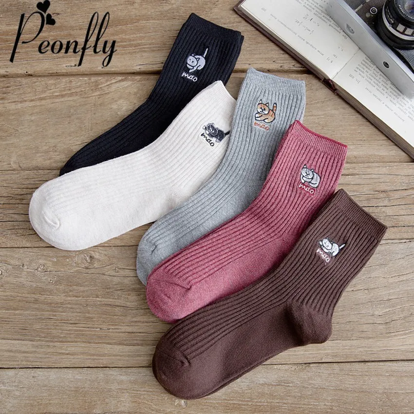 peonfly 2018 осень зима новые вышивки мультфильм животное китти короткие белые милые