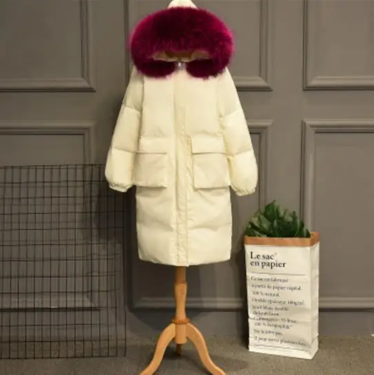 White Rose Red Fur Зимняя женская куртка-пуховик на белом утином пуху, теплая, с большим воротником из натурального меха, с капюшоном, толстая, длинная, пуховик, пальто, Женская одежда оверсайз, SF1058 - Цвет: White Rose Red Fur