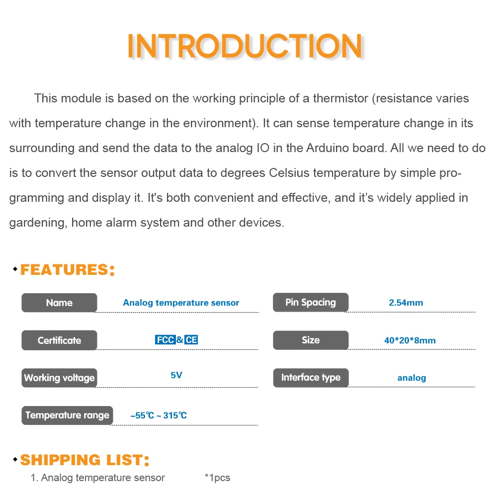 

Free shipping !Keyestudio Analog Temperature Detection Module Sensor for Arduino CE/FCC