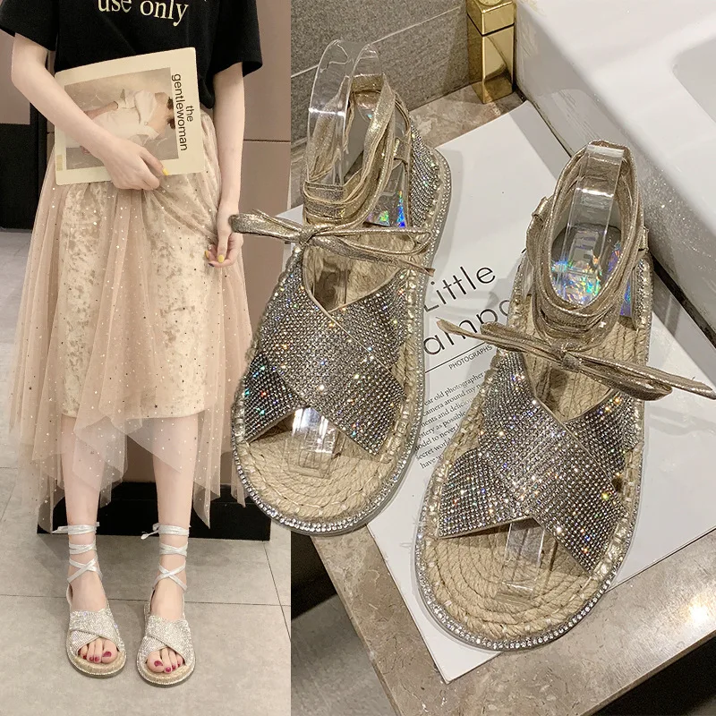 Women's 2019 new water drill cross straw linen transparent bottom ring with Roman sandals | Обувь