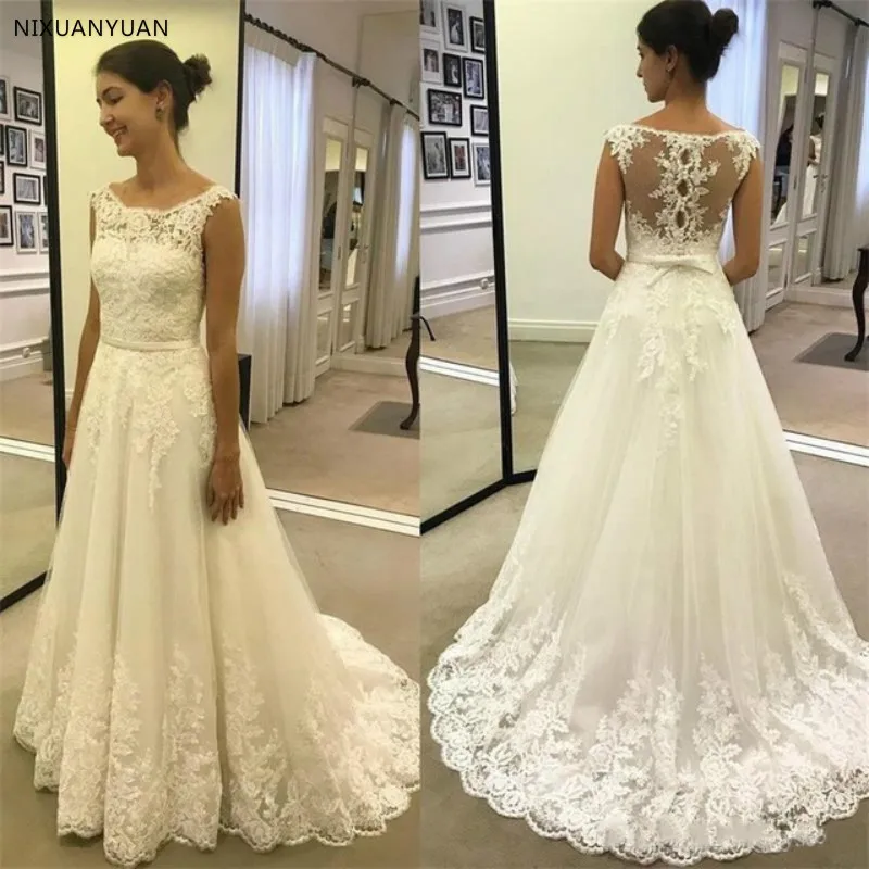 

Vestido De Noiva Simple Lace Wedding Dresses 2023 Appliques Scoop Bow Pearl Sweep Train A Line Wedding Gowns Bridal Gowns