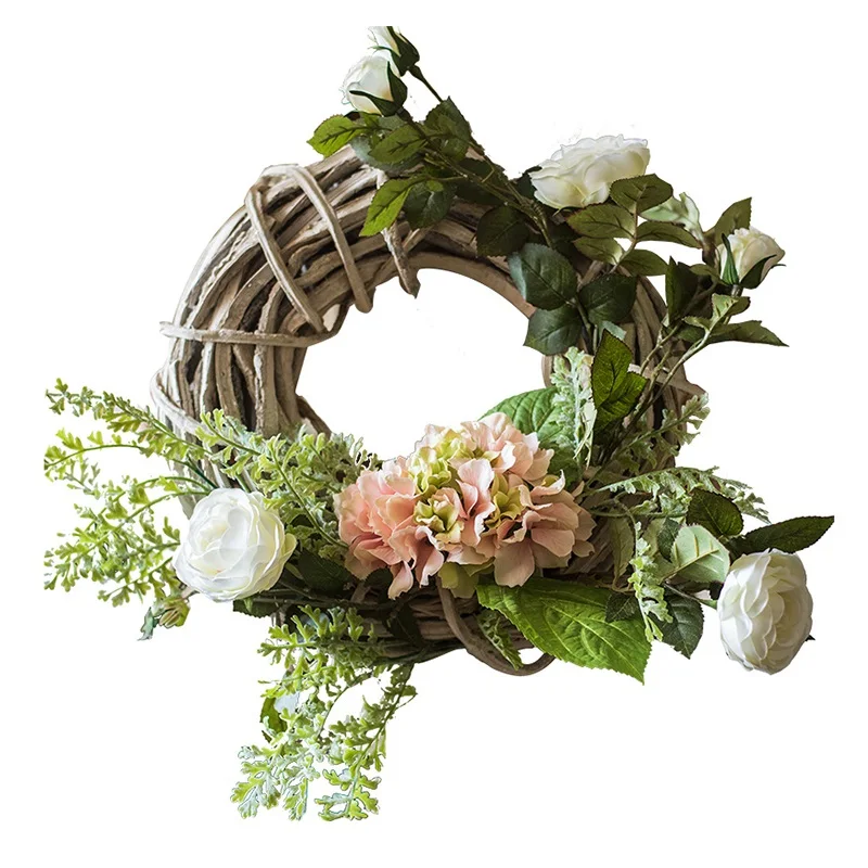Christmas Wreath Door Wall Decorations Wicker Circle Garland Silk Rose Hydrangea Artificial Flowers for Wedding Home Party