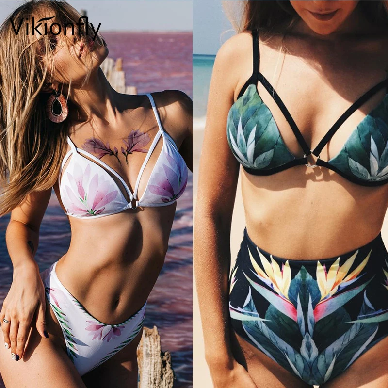 

Vikionfly Sexy High Waist Bikini 2021 Women Push Up Swimsuit Printed Floral Bandage Swimwear Brazilian Swim Thong Bikini Set