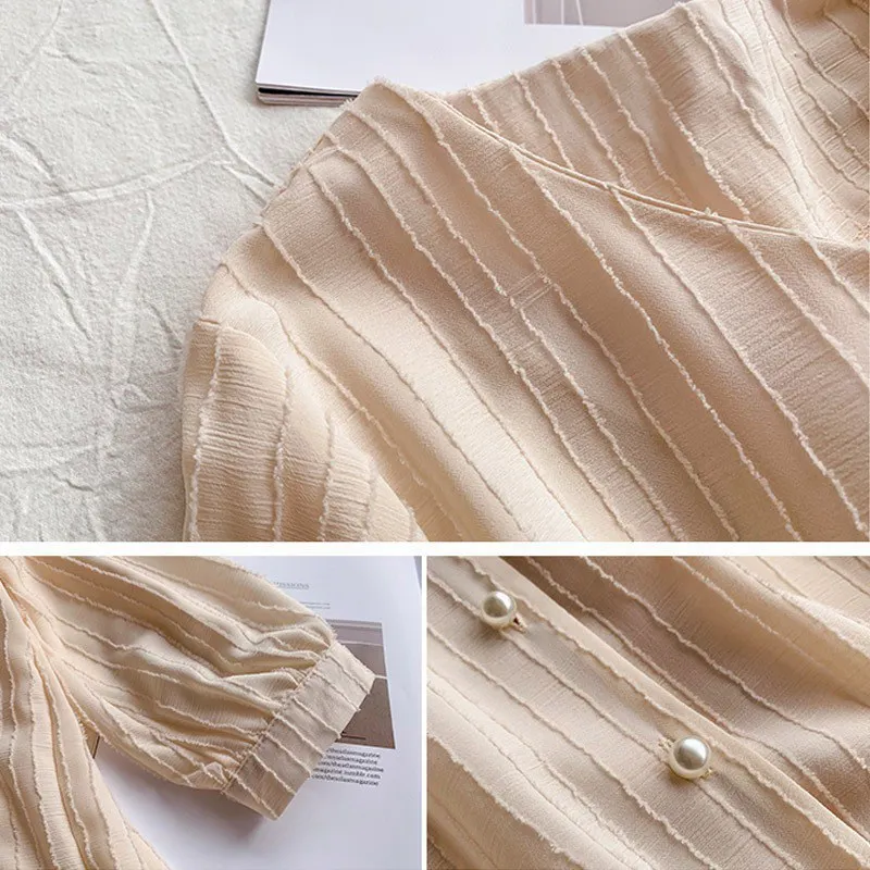 

Summer Casual Women's Chiffon Blouses Female Casual Style V Collar Shirt Puff Sleeve Sweet Solid Blouse