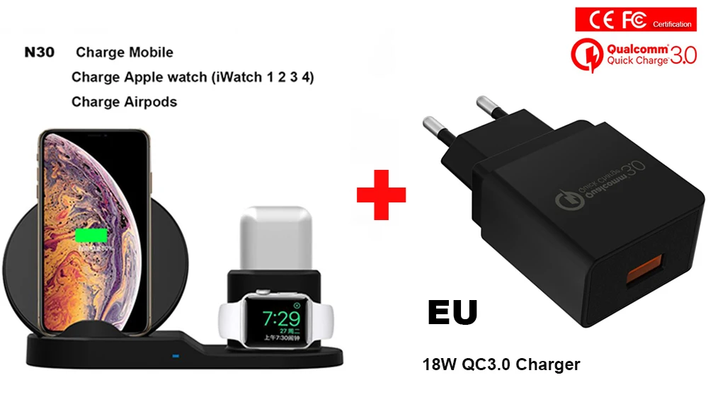 3 в 1 Быстрое беспроводное зарядное устройство для Apple Watch iWatch 1 2 3 4 5 Airpods QI Беспроводное зарядное устройство док-станция для iPhone 11 Pro XR XS MAX - Тип штекера: add qc3.0 charger EU