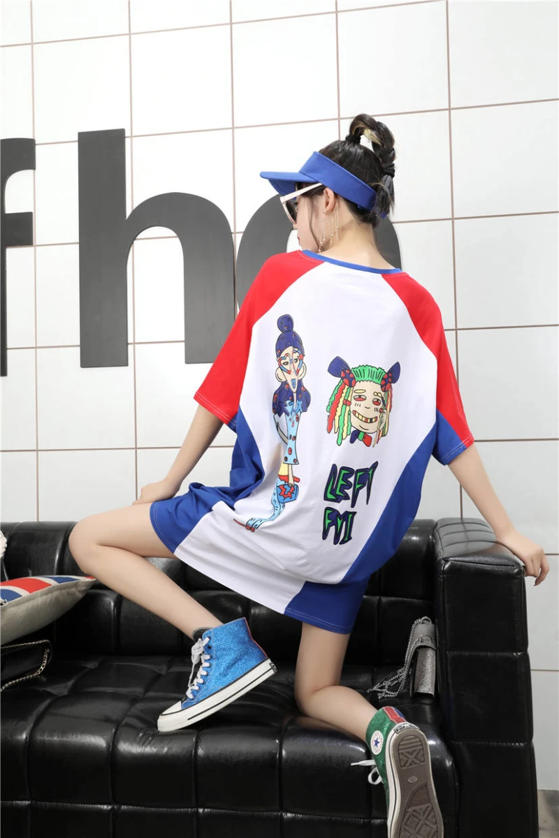 2018 Новое поступление лоскутное контрастного цвета с коротким рукавом Свободные