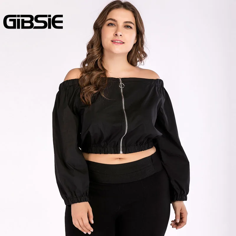 Черный GIBSIE/женская одежда больших размеров, черный топ с открытыми плечами, футболки 4XL, Осенний женский короткий топ с длинными рукавами, Уличная Повседневная футболка - Цвет: Черный
