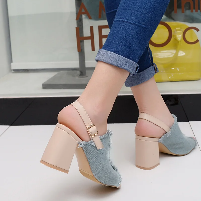 Vogue Denim High Heel Women Mules Peep Toe Pumps Heels Back Strap Fringe Summer Sandals Shoes SWC0020 | Обувь
