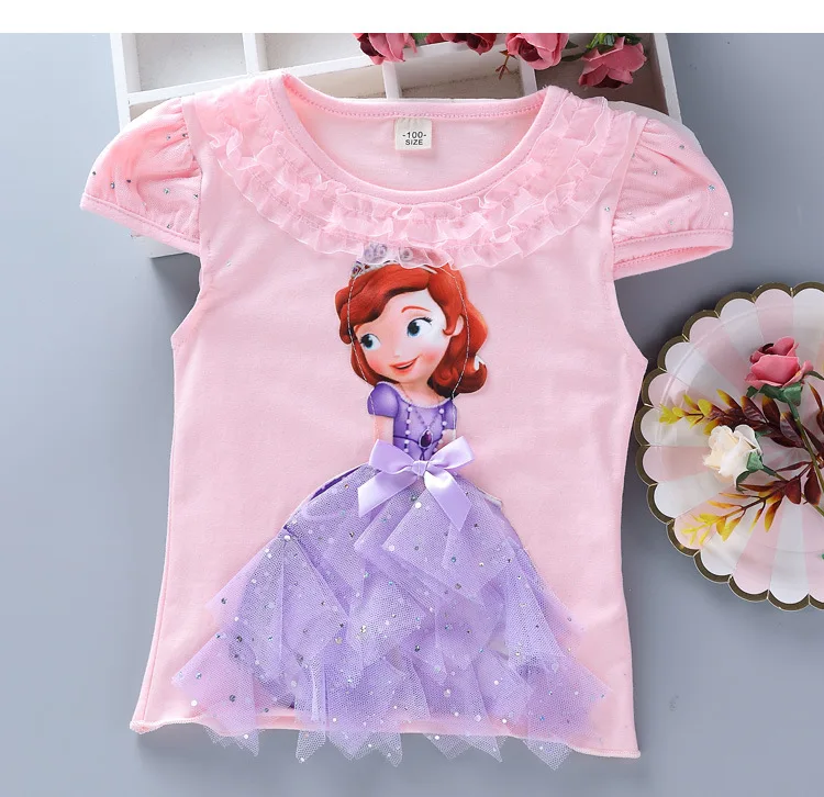 Disney/летняя футболка принцессы для девочек Детские хлопковые футболки с Эльзой Кружевная футболка детская праздничная одежда с объемными аппликациями и стразами