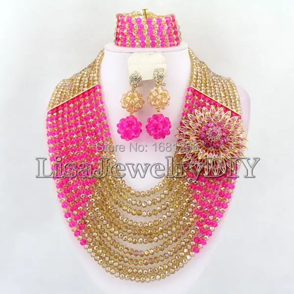 

Hot Pink Nigerian Wedding African Custume Bridal Necklace Jewelry Sets African Beads Jewelry Sets HD0200