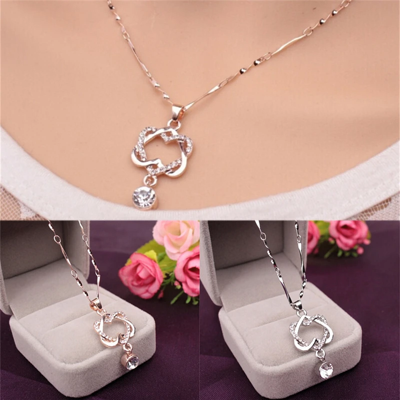 Double Heart Winding Crystal Rhinestone Short Drop Pendant Necklace Gift Summer Dress Women Jewelry | Украшения и аксессуары