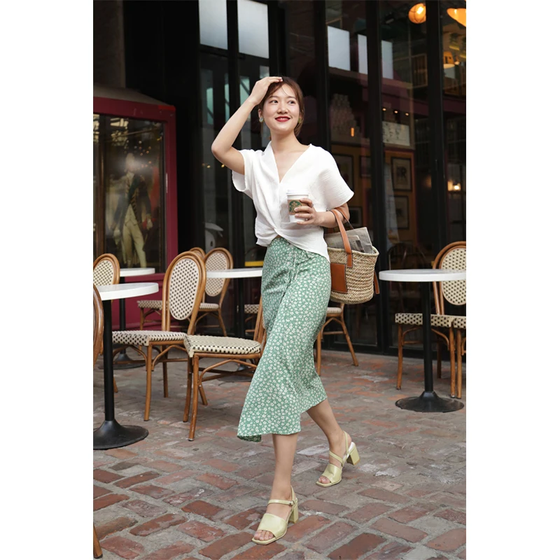 Винтажная юбка на ремнях с принтом кнопках 2020 летняя Женская симпатичная зеленая