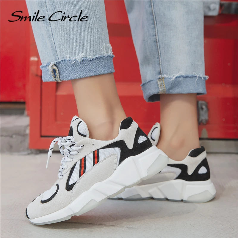 Smile Circle Breathable mesh sneakers platform casual shoes For women 2018 Autumn Lace-up mixed colors chunky | Обувь