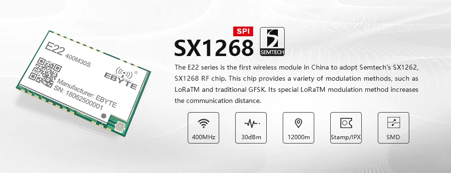 SX1268 1 Вт LoRa 433 МГц беспроводной приемопередатчик CDSENET E22-400M30S 30dBm IPEX отверстие для штампа SMD большой диапазон радиочастотный модуль 433 мгц приемник