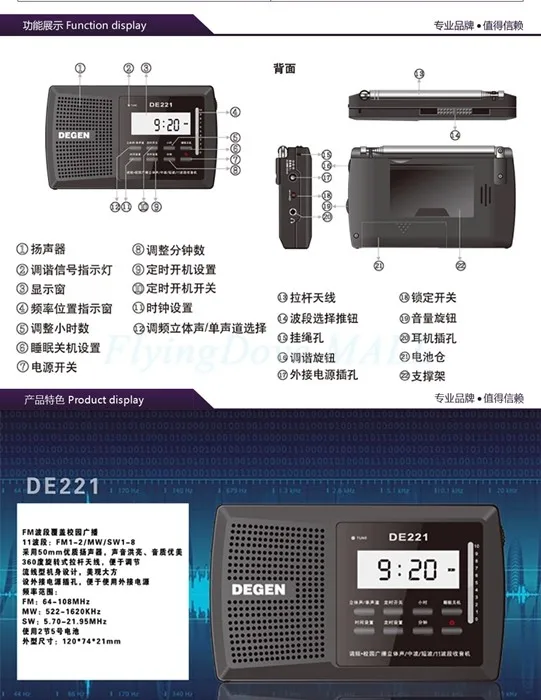 Черный DEGEN DE221 FM стерео радио FM1-2/MW/SW1-8 11-band мир приемник DSP кампуса радио Y4300A
