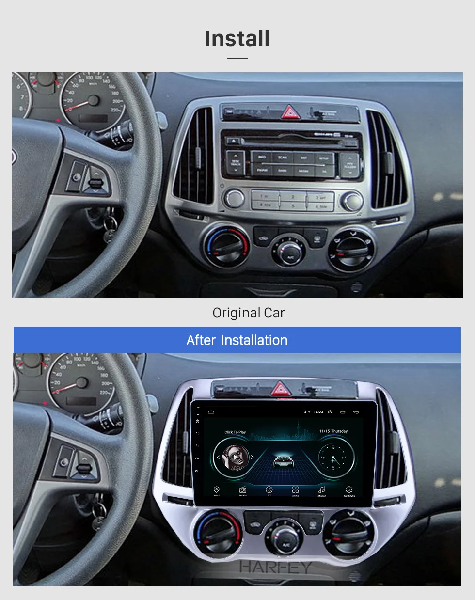 Harfey 9 дюймов HD сенсорный экран Android 8,1 gps навигация радио для hyundai i20 Руководство A/C 2012- Поддержка резервного копирования камеры Carplay
